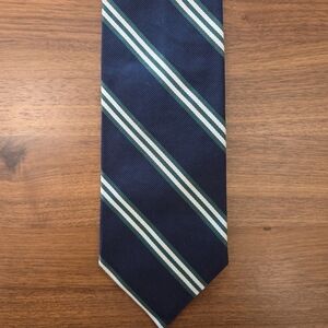 Brooks Brothers Makers All Silk Classic Navy and Green Striped Tie, 3.5"